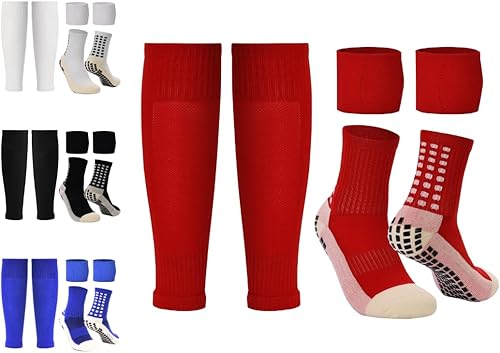 Grip Socks with Leg Sleeves and Shin Guard Straps Anti Slip Non-Skid Durable & Comfy Soccer Socks for Training & Matches