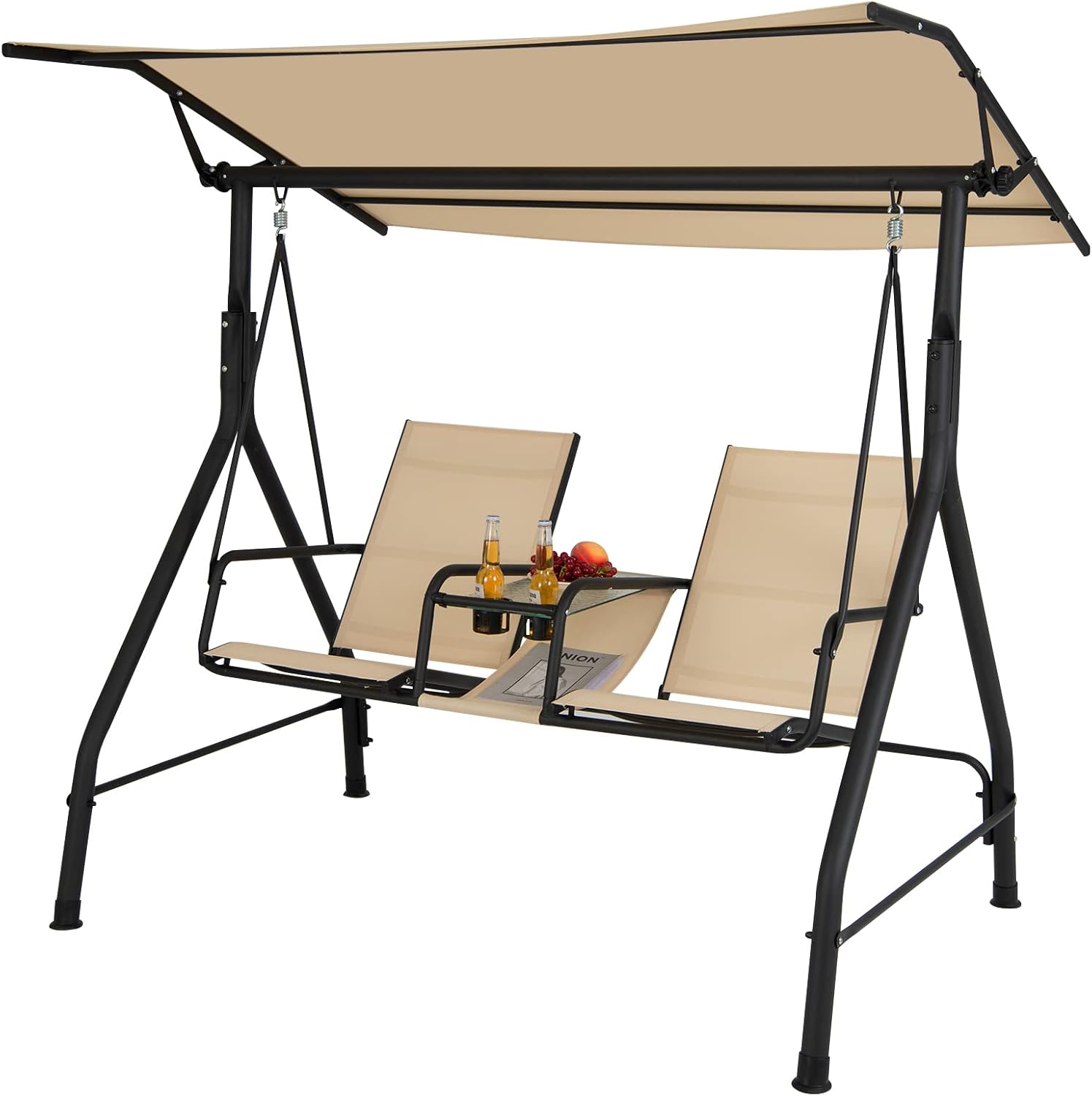 Tangkula 2 Person Porch Swing, Outdoor Swing with Tempered Glass Table, 2 Cup Holder, Patio Swing with Adjustable Canopy for Garden, Porch, Backyard Beige
