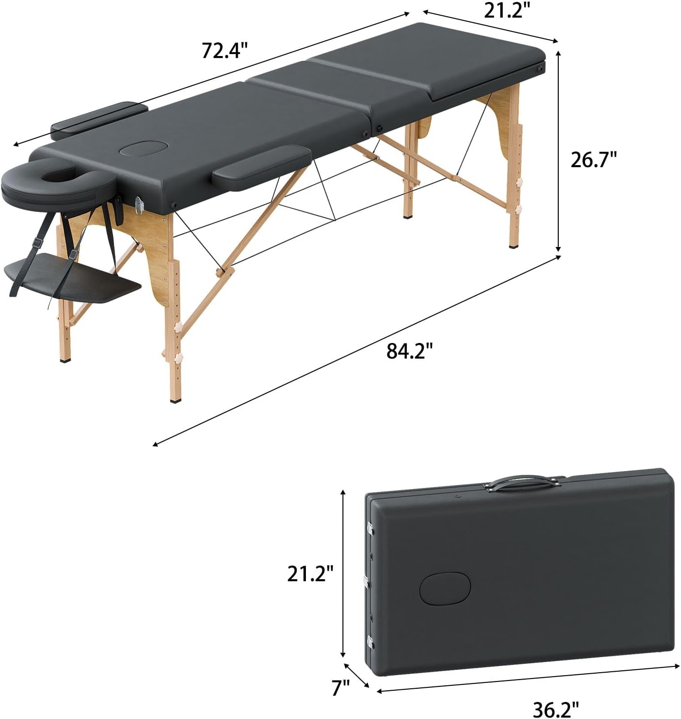 Professional Massage Table, Portable 3 Folding Massage Bed, Height Adjustable Spa Bed with Carrying Case, Solid Wood Legs Hold Up to 550LBS for Facial Solon Tattoo, Black