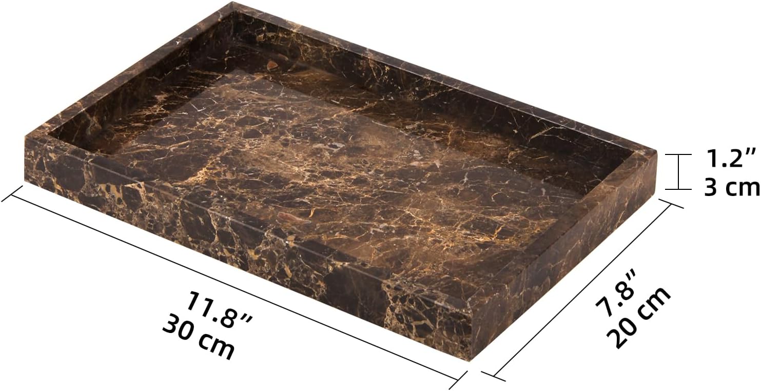 Marble Bathroom Vanity Tray, Natural Luxury Vanity Home Kitchen Bathroom Table Tray, Stone Decorative Countertop Dresser Trays for Key Coffee Perfume Jewelry Makeup (Dark Brown, 12"x 8" x1.2") - Image 2