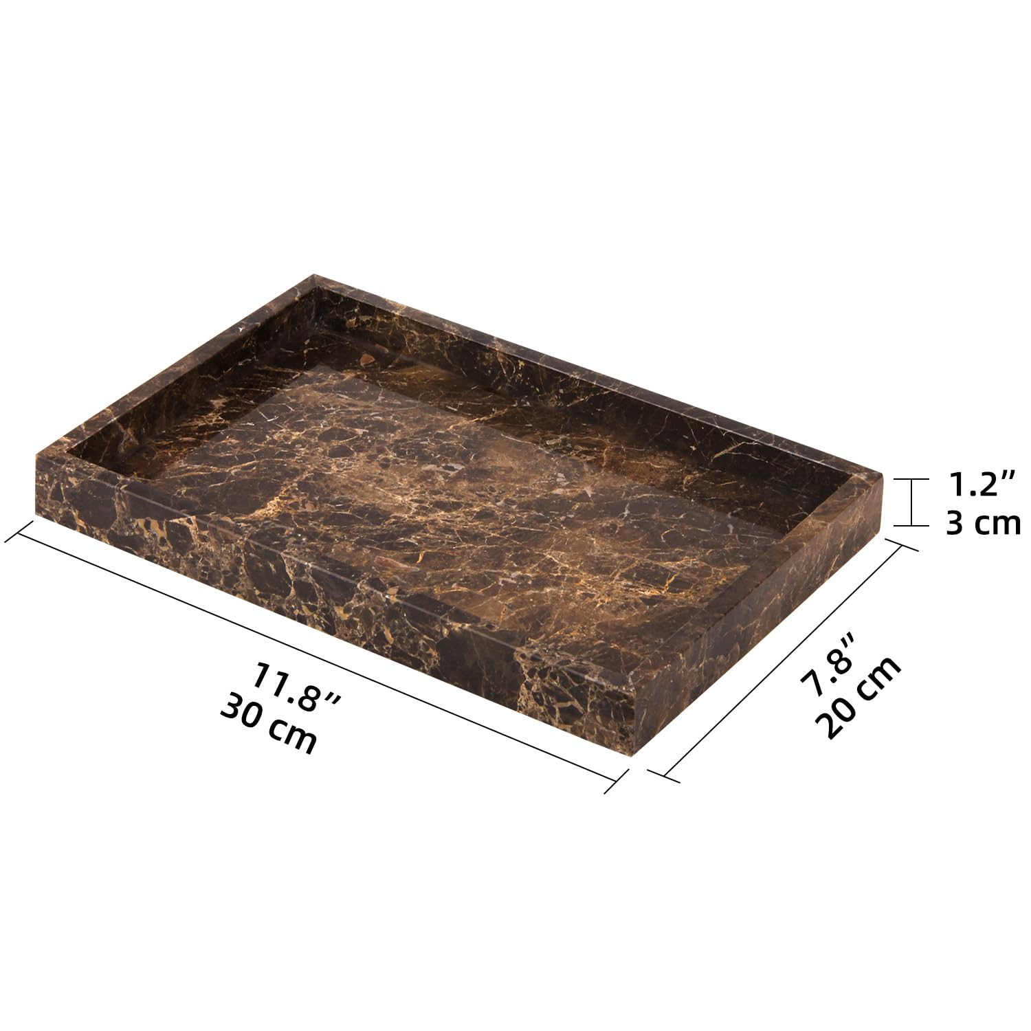Vassoio da bagno in marmo naturale, di lusso, per casa, cucina, bagno, tavolo, vassoio decorativo in pietra, per chiavi, caffè, profumi, gioielli, trucco (marrone scuro, 30,5 x 20,3 x 3 cm)