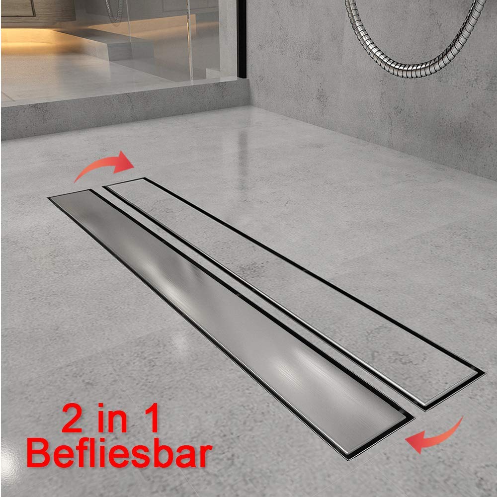 Sunnyshower Dwustronna rynna prysznicowa 140 cm, odpływ podłogowy, płaski, z blokadą zapachów i sitkiem na włosy, odpływ krawędziowy, 2 w 1, ze stali nierdzewnej, kompletny zestaw z mocowaniem do podłogi