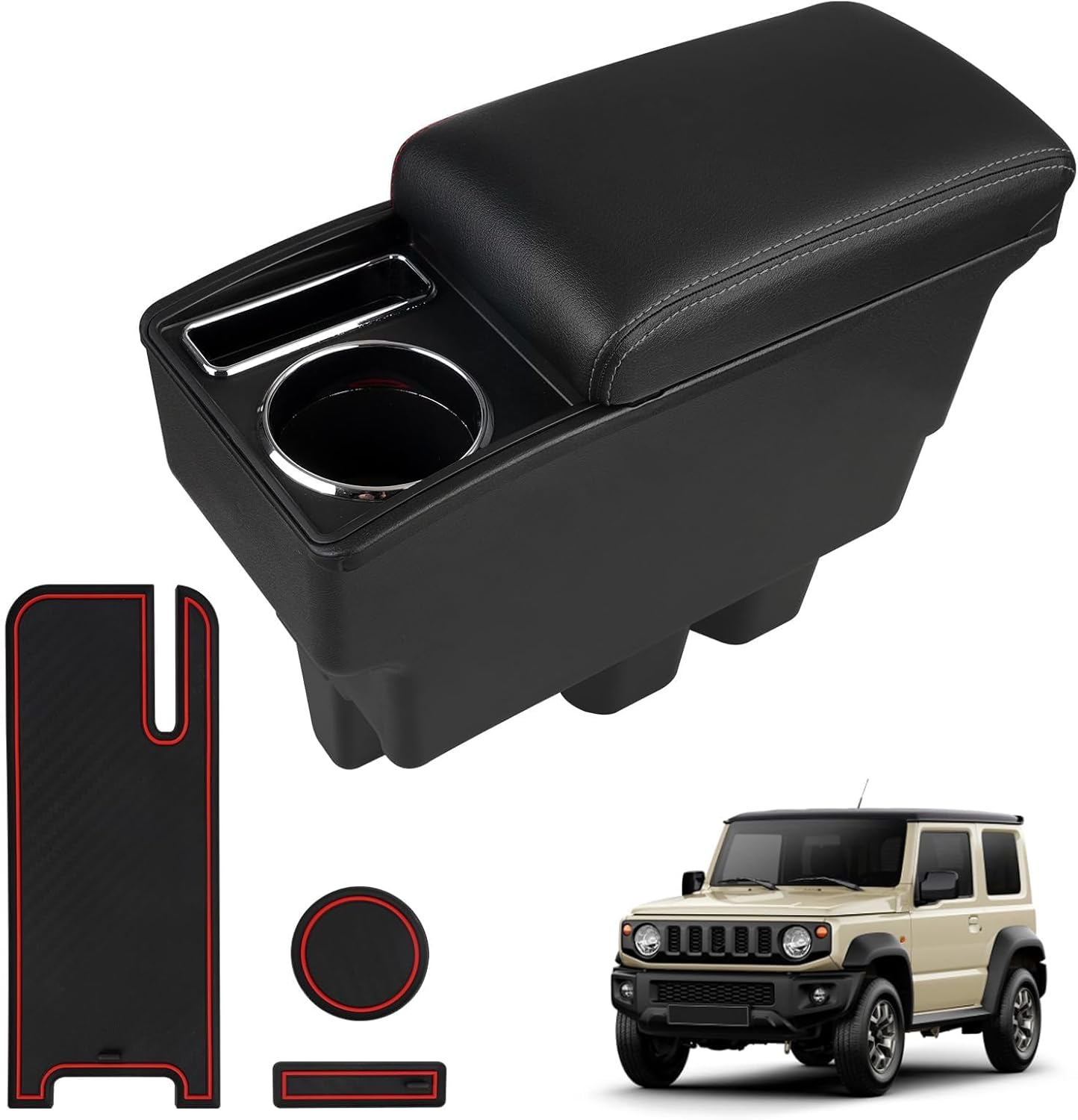 Consoles Armrest Compatible with Suzuki Jimny JB64W JB74W 2018-2024 Center Console Box Armrest Box Cup Holder Black with Red Stitching Jimny Accessories
