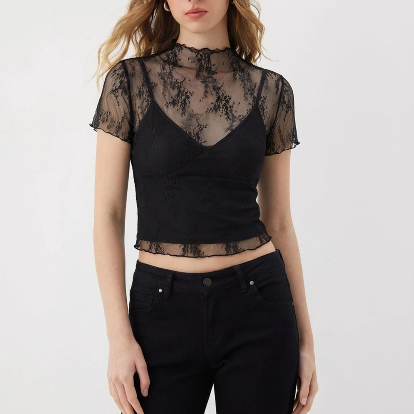 Top Corto Encaje Transparente Mujer Cuello Alto Manga Corta