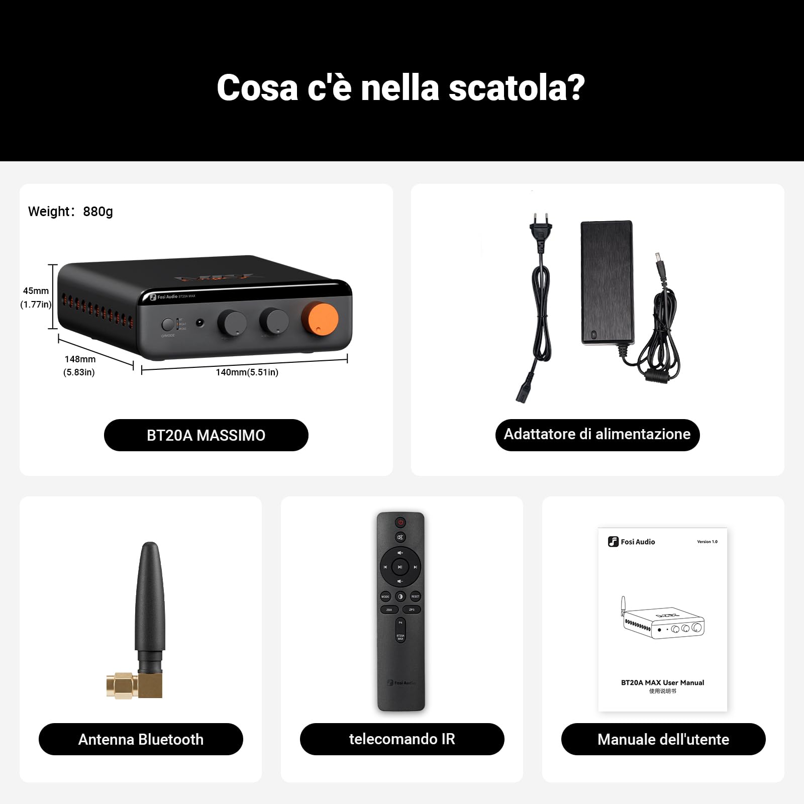 Fosi Audio BT20A MAX Amplificatore Audio Hifi, Amplificatori Stereo da 300Wx2 con tecnologia PFFB, LDAC Bluetooth 6.0, Doppia Alimentazione Indipendente, Telecomando, per Sistemi 2.1 e Audio Domestici