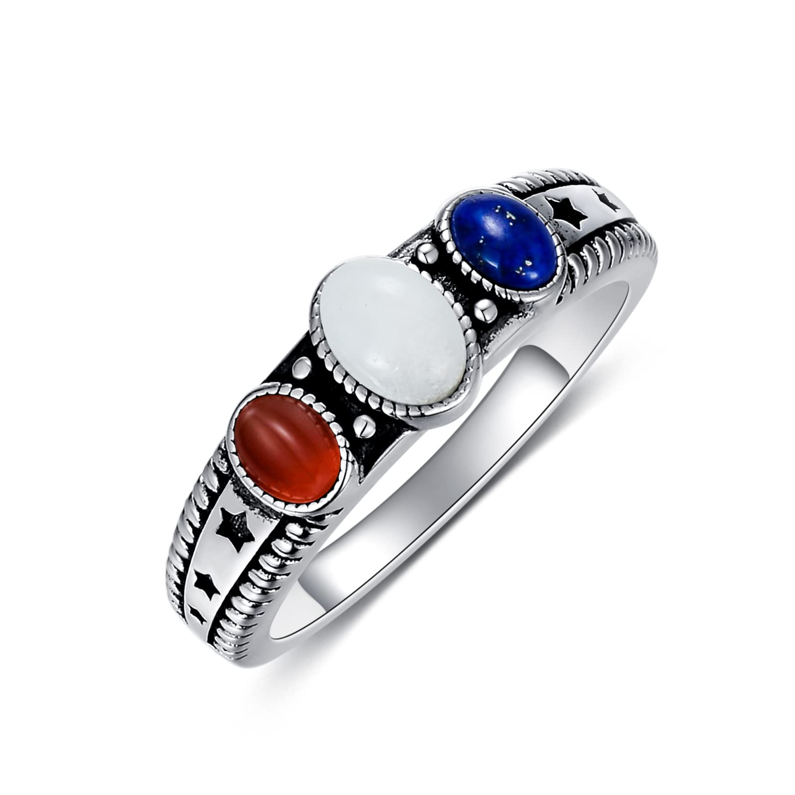 BETHZAGemstone Rings 925 Sterling Silver Red Agate Blue Lapis White Agate Oval 3-Stone Handmade Natural Stone Ring Patriotic Element Jewelry