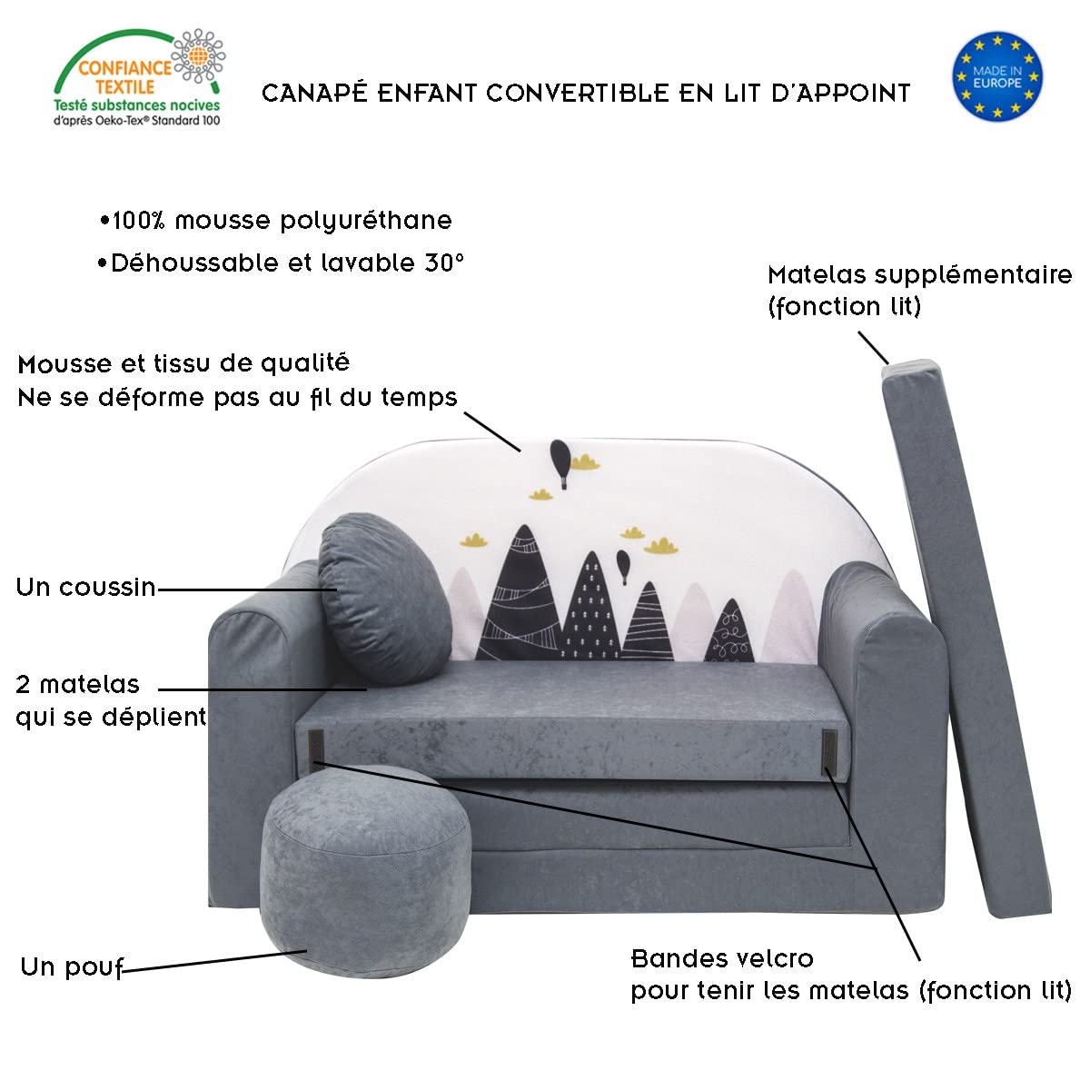 Pouf Con Schienale Alto Per Bambini Icon In Velluto A Coste Beige Ghiaia 65x65cm Oeko Tex 91114373