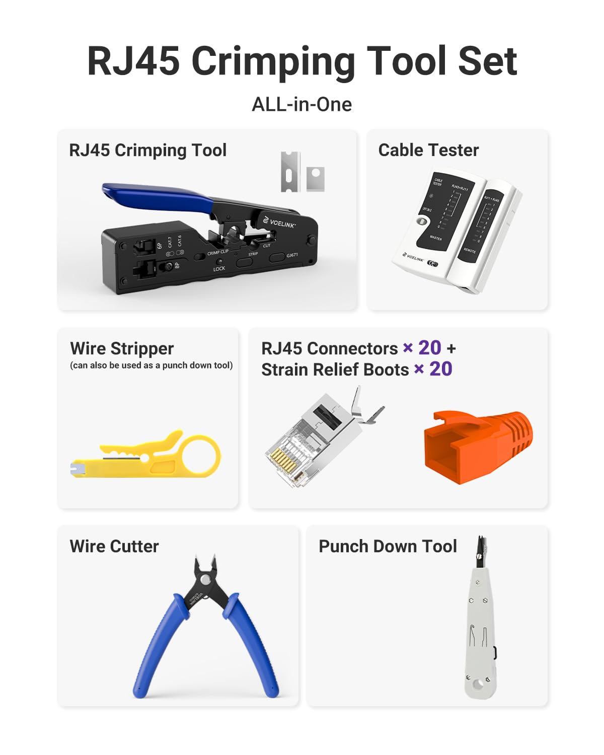 VCELINK Professionnel Network d’installation Kits, Pince à Sertir RJ45 avec 20 Connecteurs RJ45 Cat7/Cat6a Pass Through, Testeur RJ45, Mini Pince à dénuder Pour, RJ45, Sac en Tissu