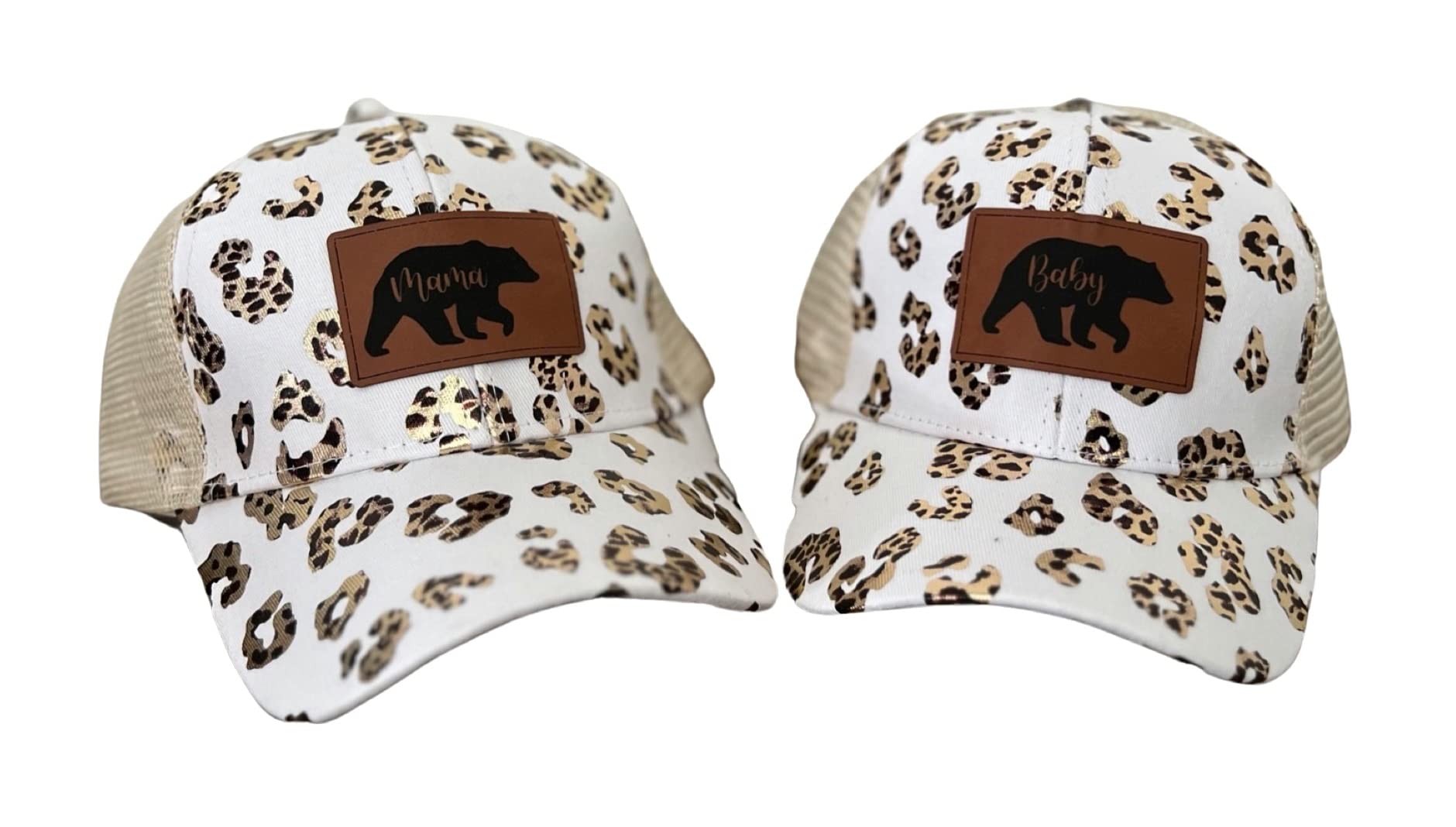 Mom and Daughter Matching hat Set, Mama Mini Matching, Mama Mini Matching hat Set, Mother Daughter Outfits (Mama Bear and Baby Bear, White and Gold Leopard)