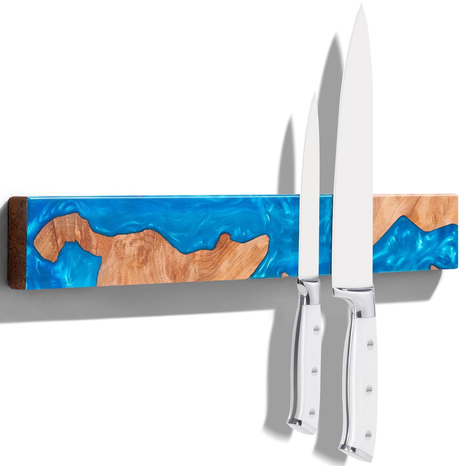 ENOKING Magnetic Knife Holder for Wall 40cm, Acacia Burl Wood & Blue Resin Magnetic Knife Strip Bar, Powerful Magnet Kitchen Knife Storage Rack, Space-Saving Wall Mounted Organizer
