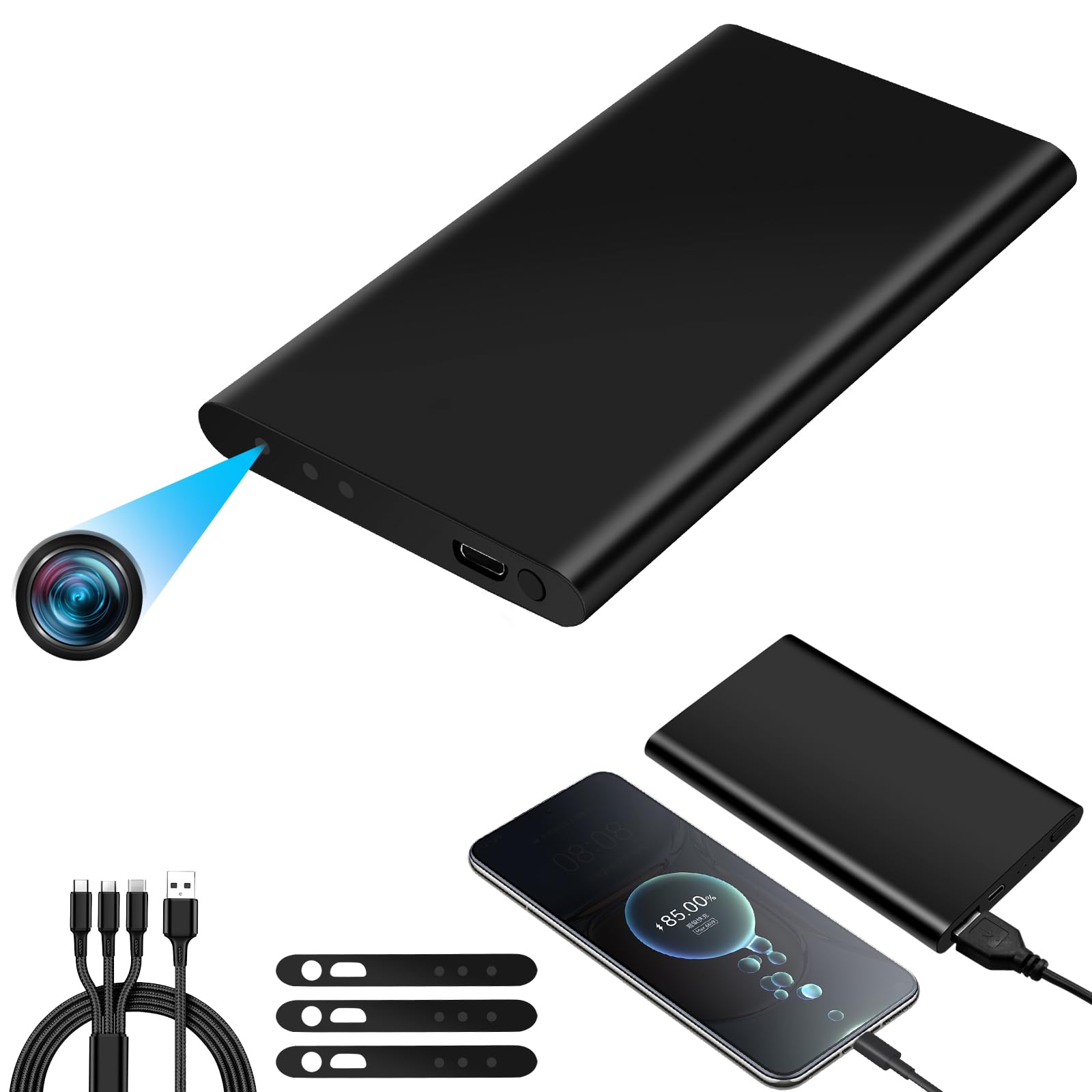 Caméra Espion Power Bank, Double Fonction 1080P HD Caméra Cachée Power Bank, Batterie 5000 mAh pour 17 Heures D'enregistrement avec Câble USB 3-en-1