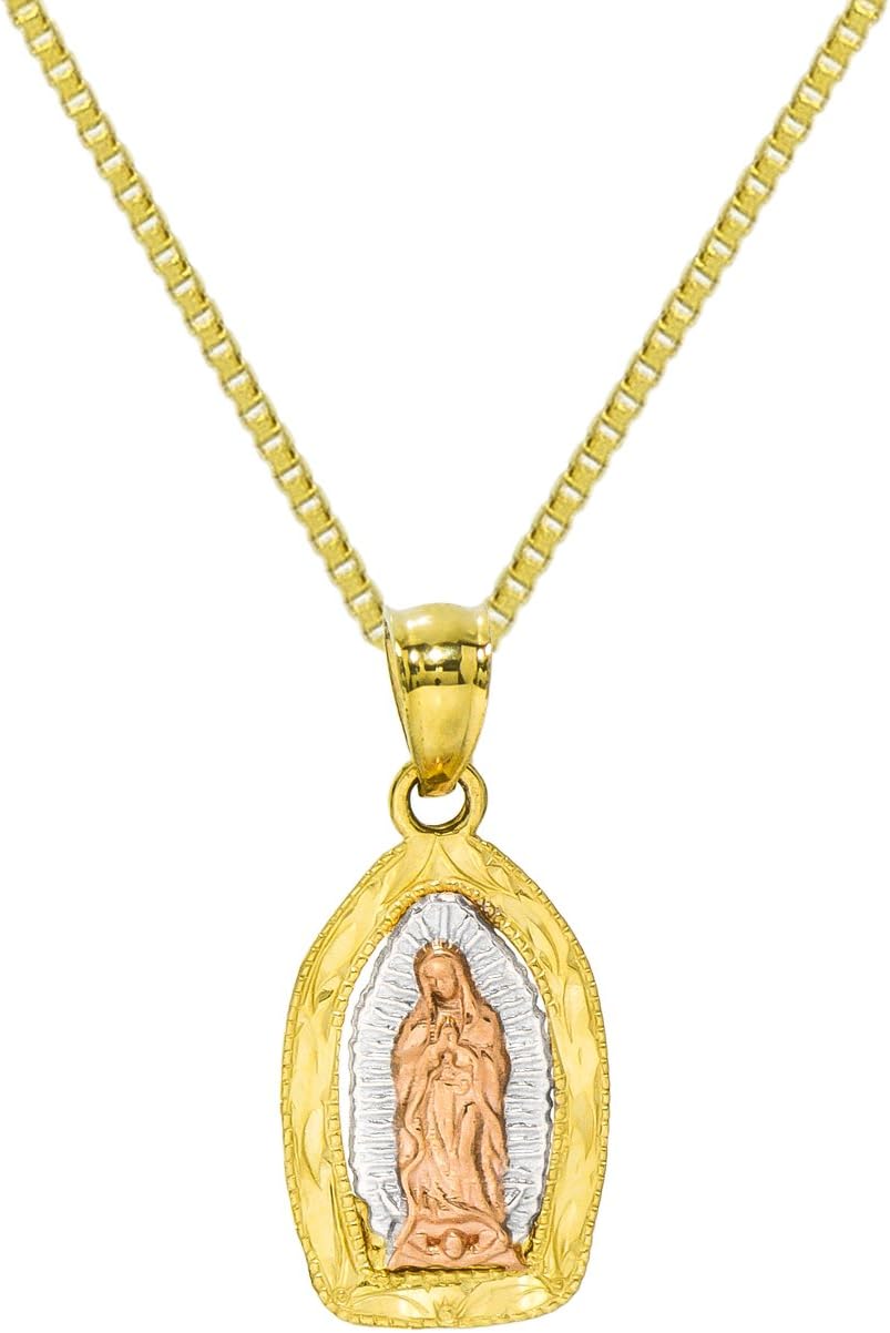 14 K 3色ゴールドVirgin Maryグアダルーペペンダントネックレス &ndash; 0.8 MMボックスチェーン ゴールド