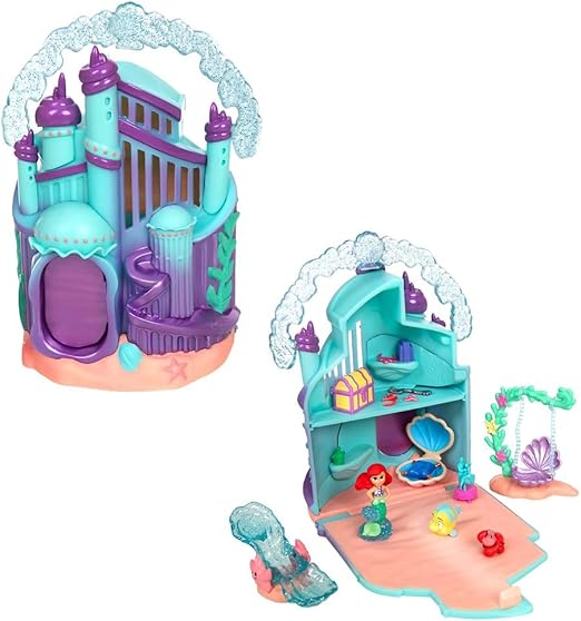 DISNEY STORE Official Ariel Palace Micro Play Set, Micro Toy Set Includes Ariel, Flounder and Sebastian Micro Figures, Travel Toy Portable Playset with Handle, Travel Toys with Surprise Reveals