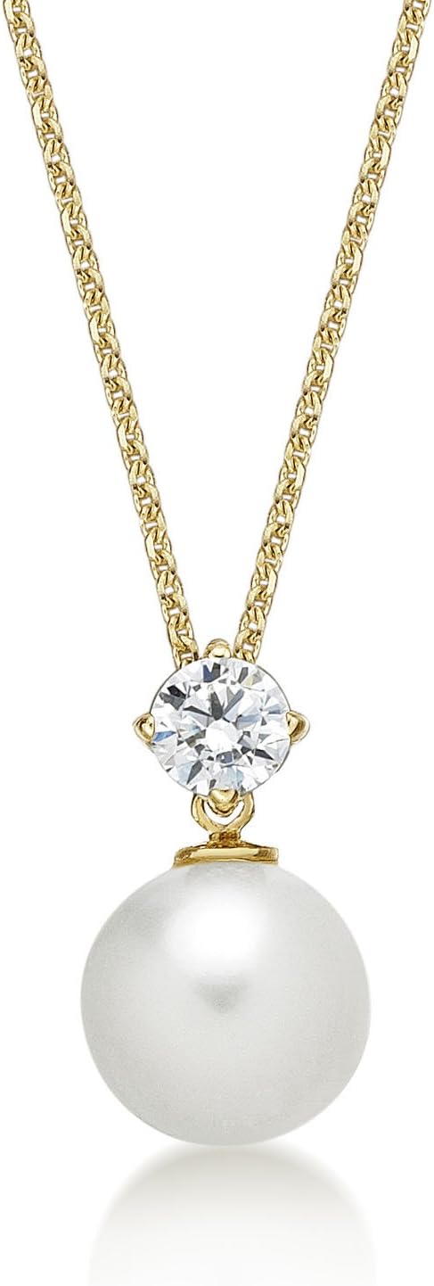 Pearl Pendant Necklace for Women with 8 mm White Freshwater Pearl Pendant Set with Single Sparkling Cubic Zirconia, Dainty 9K Yellow Gold Pearl Necklace with a Natural Freshwater Pearl