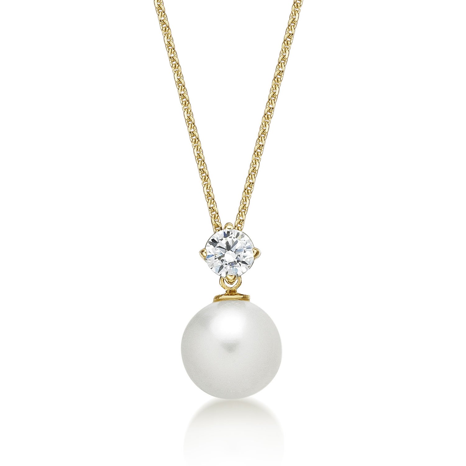 Pearl Pendant Necklace for Women with 8 mm White Freshwater Pearl Pendant Set with Single Sparkling Cubic Zirconia, Dainty 9K Yellow Gold Pearl Necklace with a Natural Freshwater Pearl