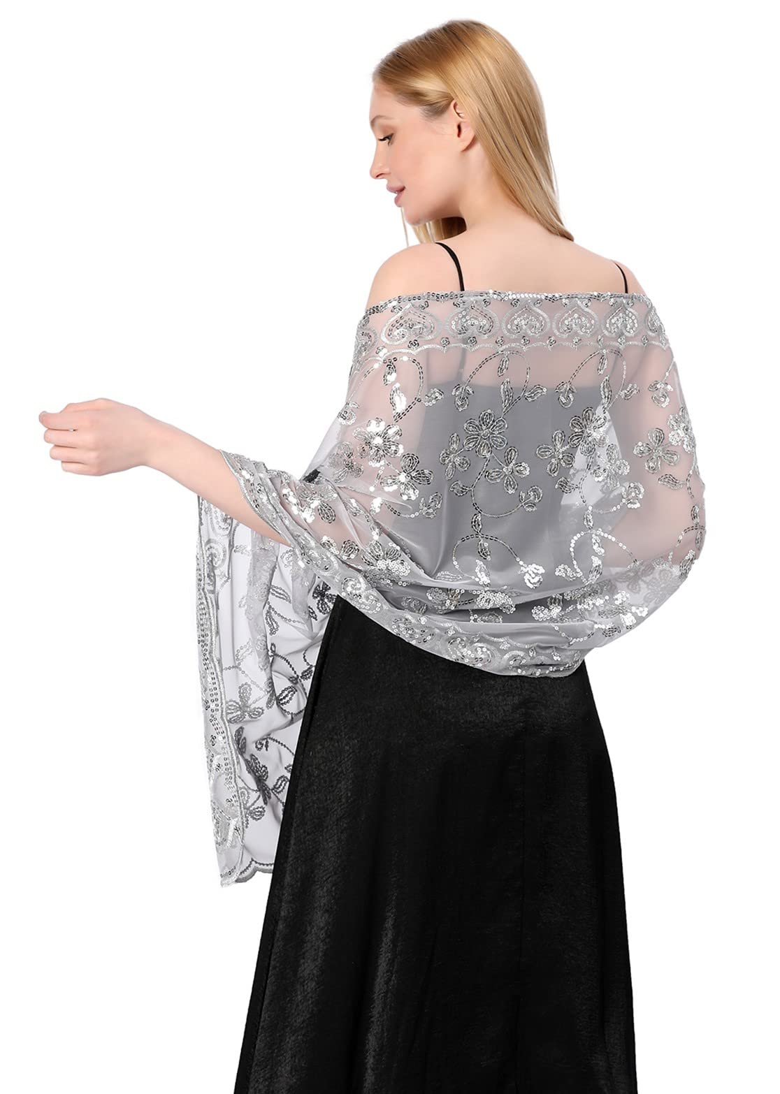 Central Chic Sequin Shawl Pashmina Wrap Scarf Cover Up Wedding Bridal Bridesmaids Dresses Wrap Sequin Scarves (LIGHT GREY)