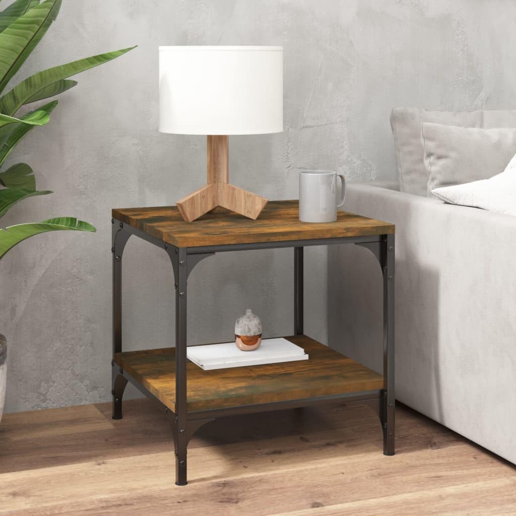 Mesas auxiliares de madera de roble ahumado, 2 unidades, 40 x 40 x 40 cm, con marco de acero estable y patas ajustables para salón, mesa de café, estante de almacenamiento y mobiliario