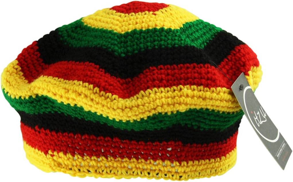 Itzu Crochet Knit Tam Rasta Reggae Beret Beanie Cap Hat Red Yellow Green Striped