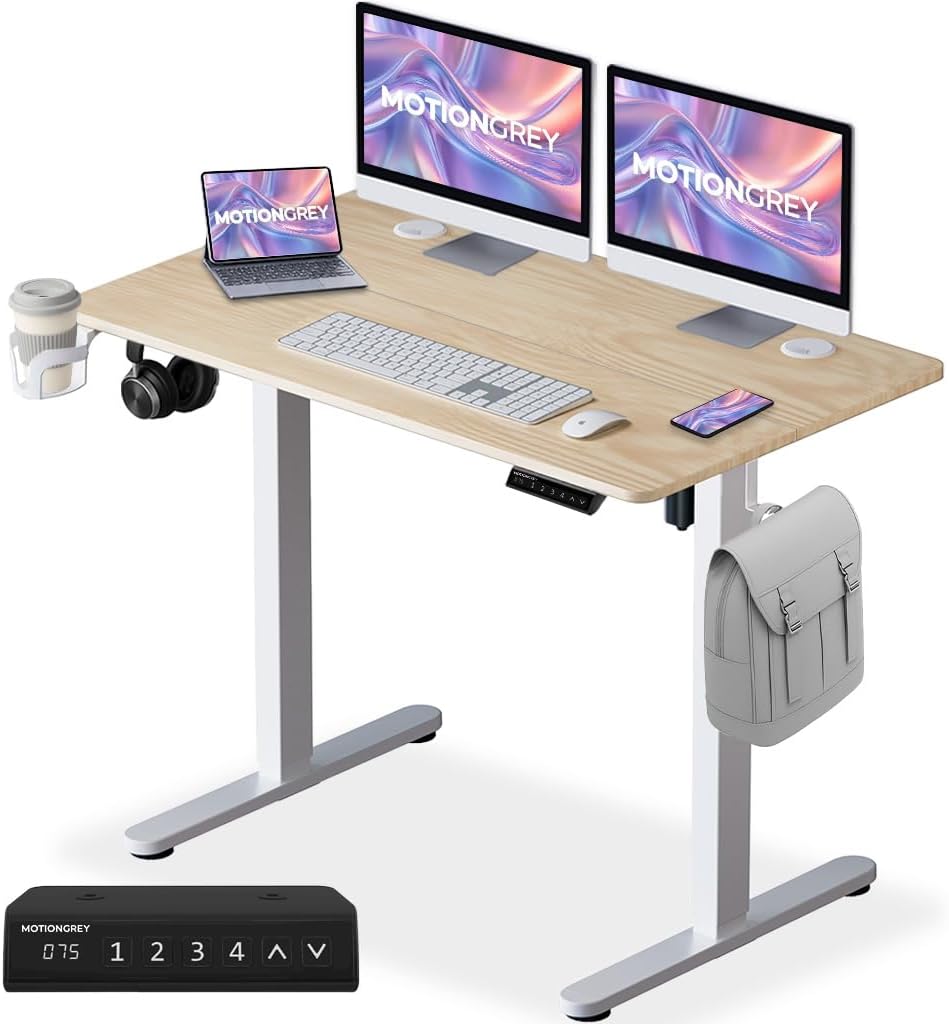MotionGrey - 40"x24" Ergo2 Electric Standing Desk - Height Adjustable Sit-Stand Desk for Home Office & Gaming, Single Motor with Digital 2-Preset Memory Keypad - Light Brown Top, White Frame