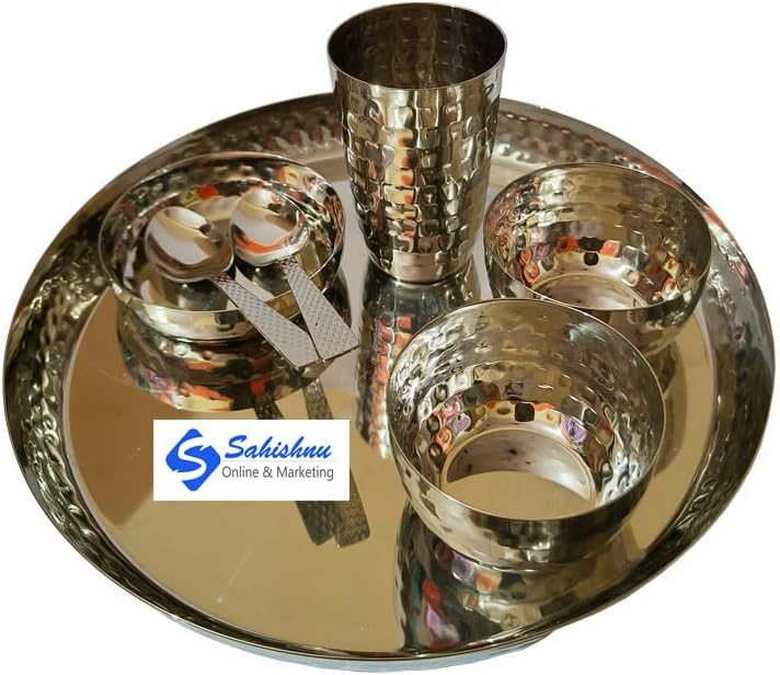 Sahishnu Online And Marketing Stainless Steel Hammer Style Dinner Set, Indian Dinnerware, Traditional Indian Dinner Set of Thali,Bowls, Small Plate, Glass and Spoons