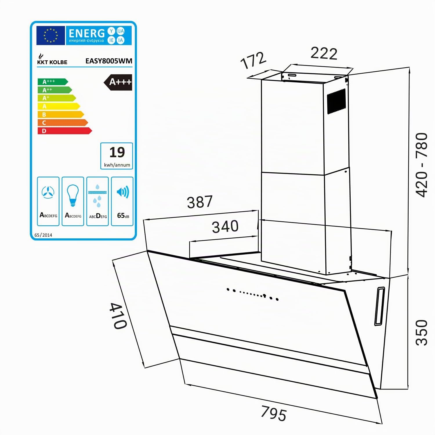 KKT KOLBE campana extractora 80 cm | 782 m³/h de drenaje y circulación | sin cabeza | montado en la pared | vidrio blanco | aplicación WiFi inteligente WLAN | Iluminación LED RGBW | EASY8005WM