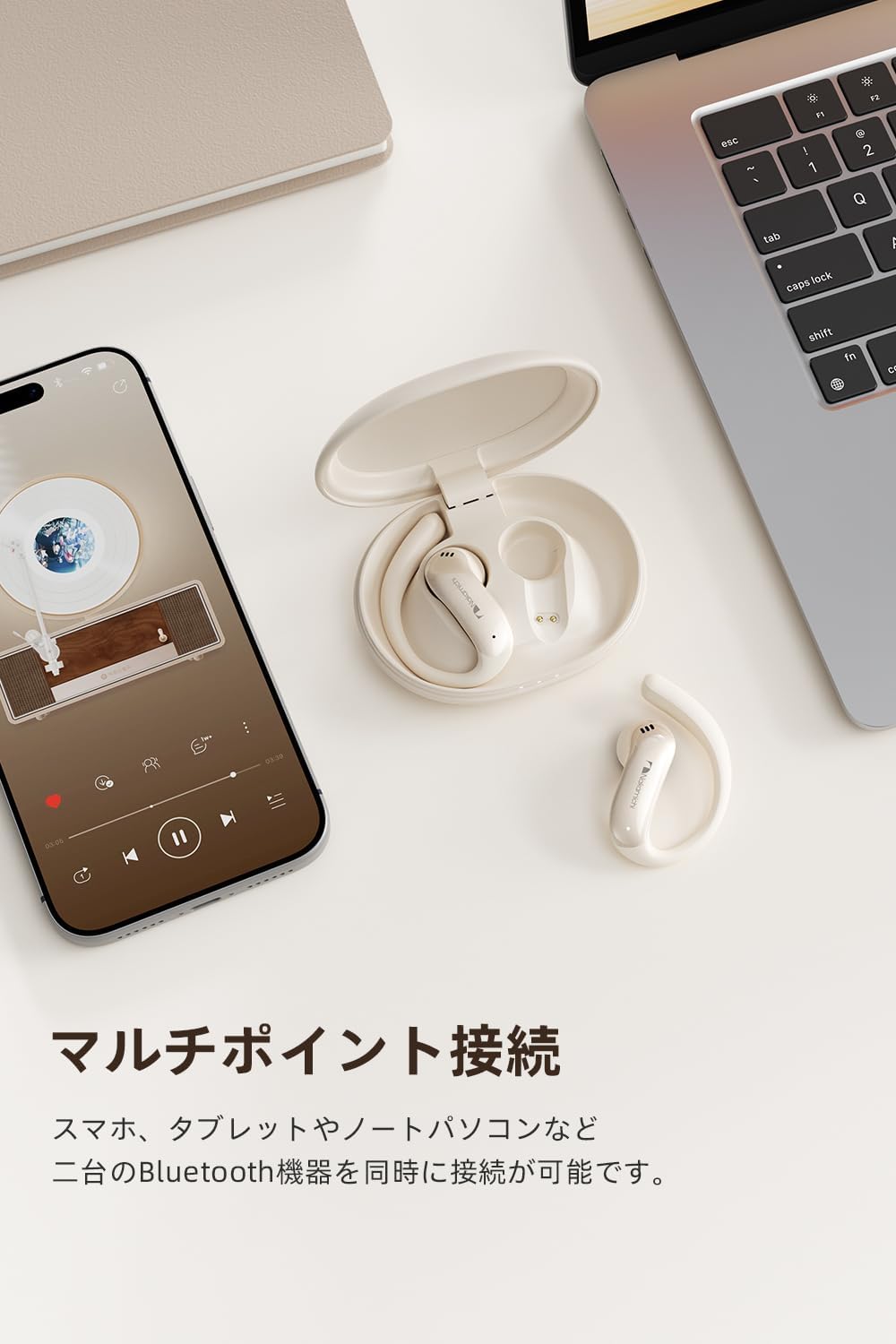 Nakamichi OP-TW009 Lite earphones connected to both a smartphone and a tablet, demonstrating multipoint connectivity.
