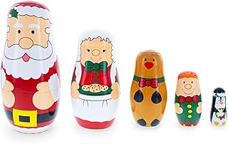 BestPysanky Santa, Mrs. Claus, Reindeer, Elf Wooden Nesting Dolls 6 Inches