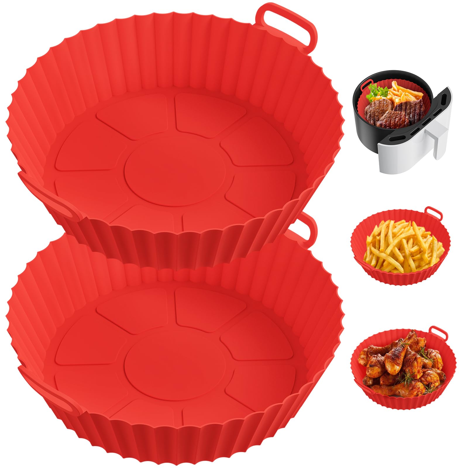 STLIAN Air Fryer Silicone Liners for 4 to 7 QT [2 Pack] Reusable Air Fryer Basket with Handles & Holes Red