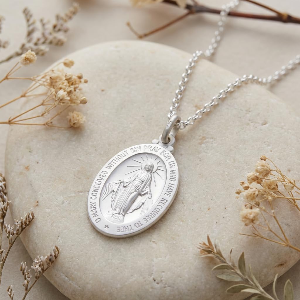 Alexander Castle Groß Solide 925 Sterling Silber Wundertätige Medaille Katholische Halskette - 30mm x 21mm Wundertätige Medaille mit 20" 925 Sterling Silber Kette & Schmuck Geschenk-Box