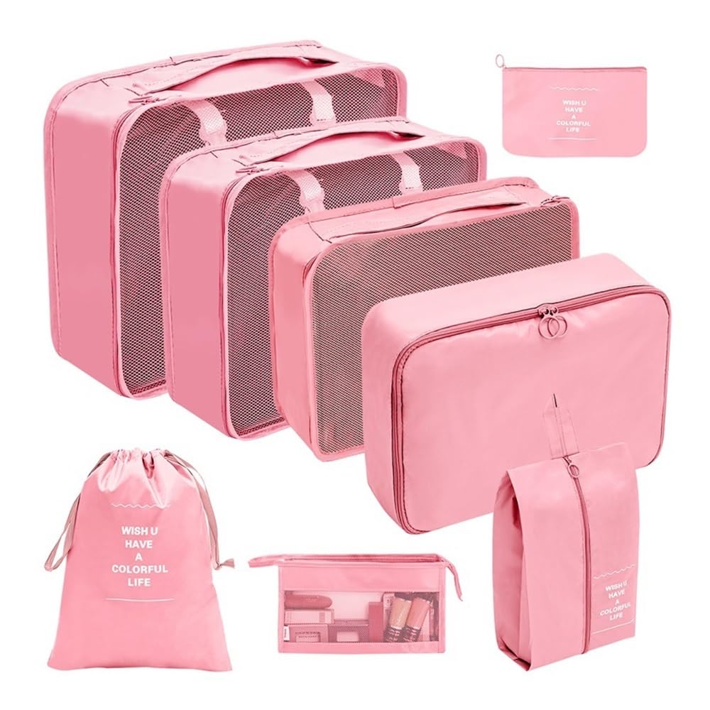Set da 7/8/9/10 pezzi organizer da viaggio per valigie, cubi, set di valigie, portatili, vestiti, scarpe, sacchetti pieghevoli (8 pezzi rosa)