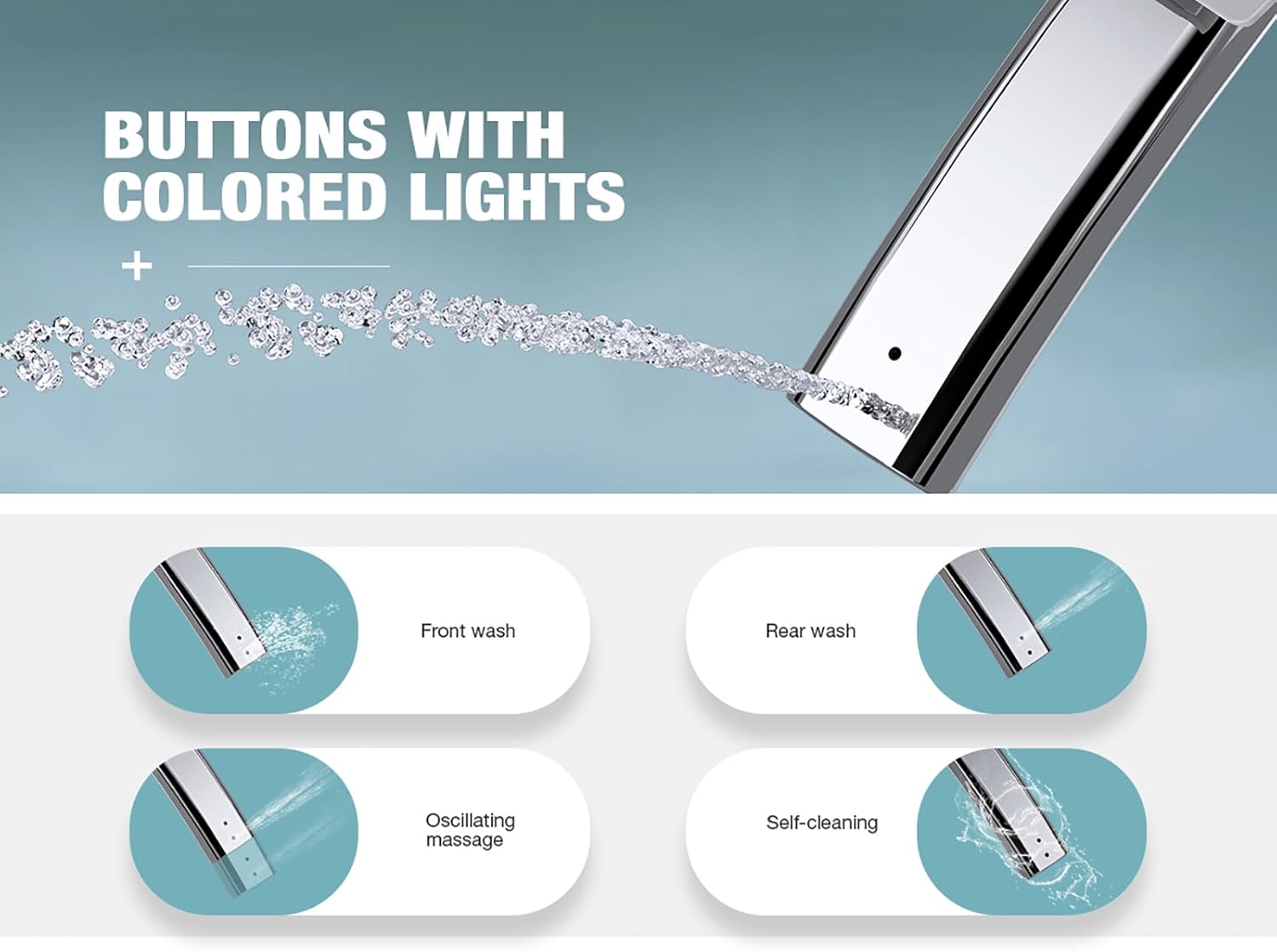Bidet nozzle demonstrating front wash, rear wash, oscillating massage, and self-cleaning functions