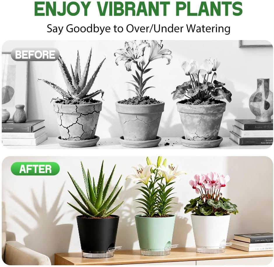 Self Watering Pots for Plants, 2026 New Flower Plant Pots with Drainage Holes, Wicking and Clear Reservoirs for Succulent, Aloe, Cacti and Others - 6 Pack (Colorful, 6")