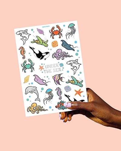 Miniatura 5 de xo, Fetti Tatuajes temporales de criaturas marinas subacuáticas - 50 estilos de purpurina  Suministros para fiestas de cumpleaños de animales