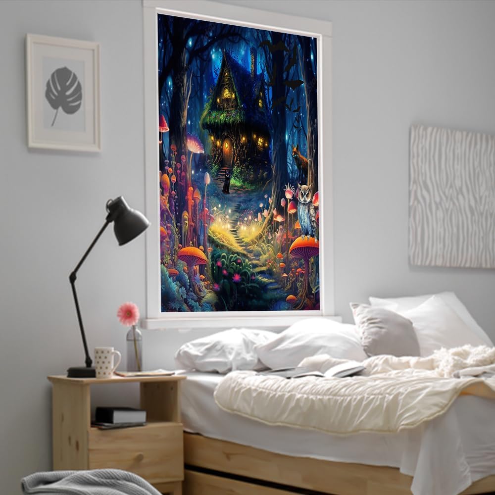 Rustic Cabin Forest Mushroom Window Privacy Film,Watercolor Misty Woodland Animal Cat Fox Owl Stained Glass Window Film Decor Window Cling for Home Window Sun Blocking-23.6W x35.4L in x1Pcs