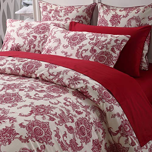 USTIDE Parure de lit double vintage 3 pièces - Style romantique rural français - Motif cachemire floral rouge - Blanc ivoire rétro - Style bohème floral...