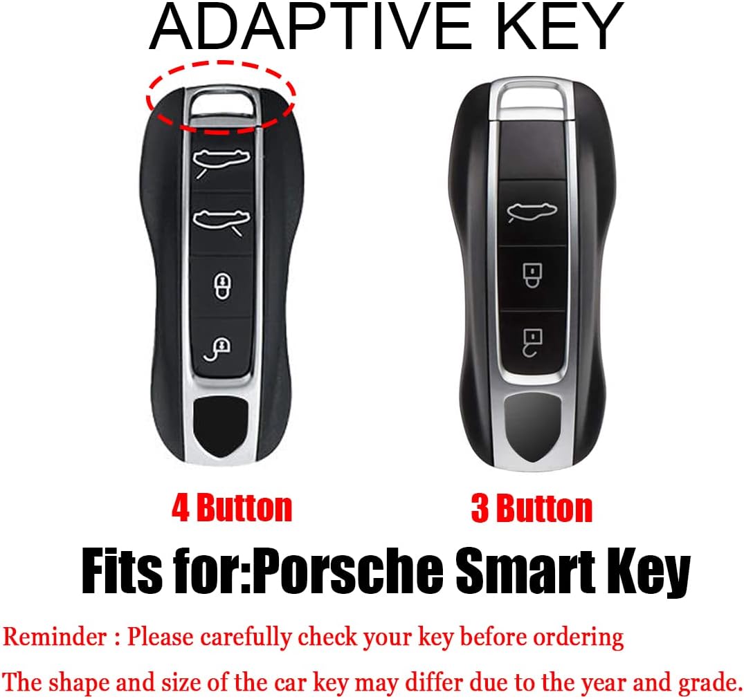 HIBEYO 3 Button Smart Key Fob Cover Compatible with Porsche 911 Cayenne Macan Panamera Taycan Key Holder Key Leather & Alloy Accessories with Keychains-3 Button Red - Image 2