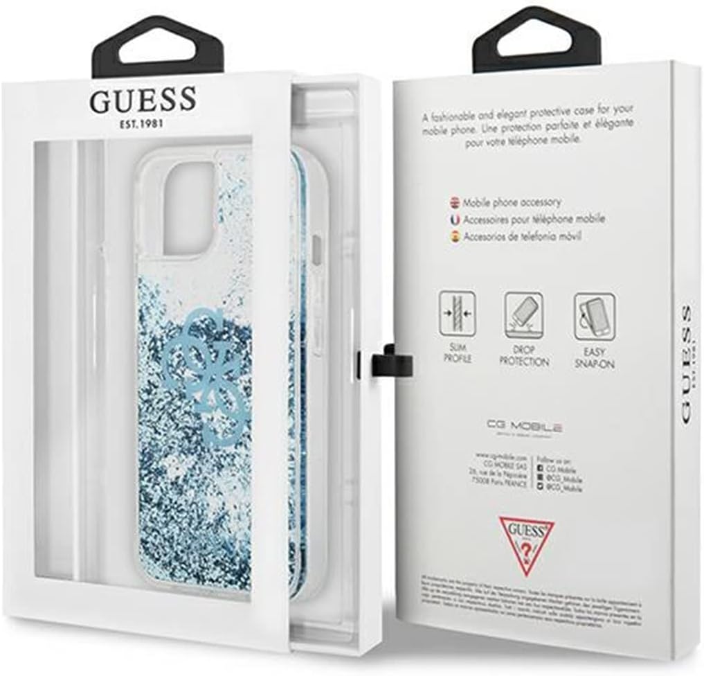 The Guess Liquid Glitter case displayed in its retail packaging.