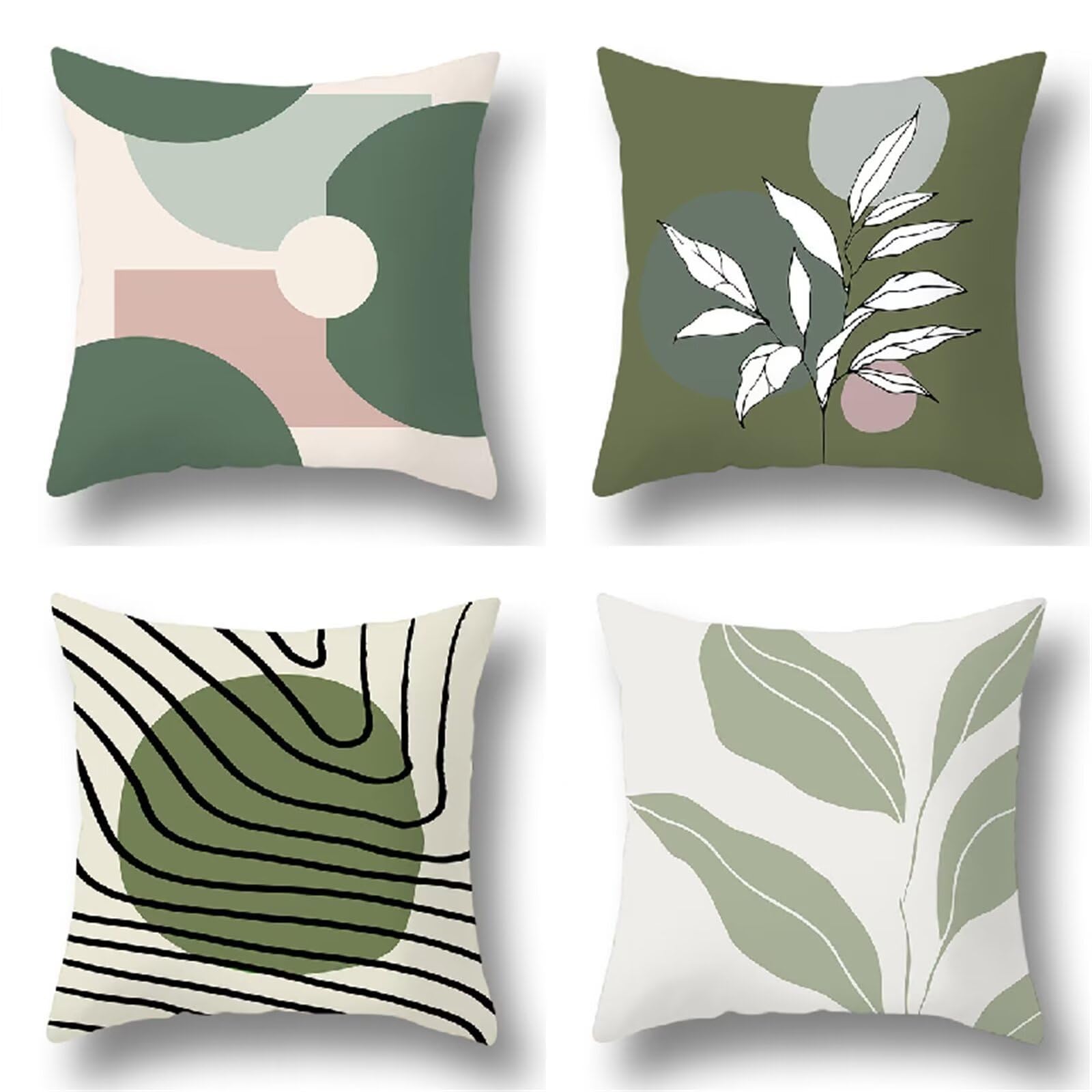 Federe Cuscini Divano 65x65cm,Set di 4 Beige verde astratto Cuscini per Divano,Quadrato Doppio Lato Lino Esterni Copricuscini Divano,per Divano Soggiorno Sedia Letto Decorativo Cuscini Divano ZW1-1