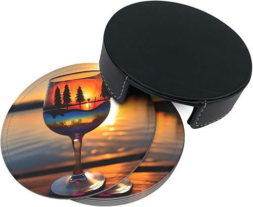 Miniatura 2 de Juego de 6 posavasos redondos de cuero, con base antideslizante, adecuados para el hogar, bar, protector de mesa multiusos, copa de vino de puesta