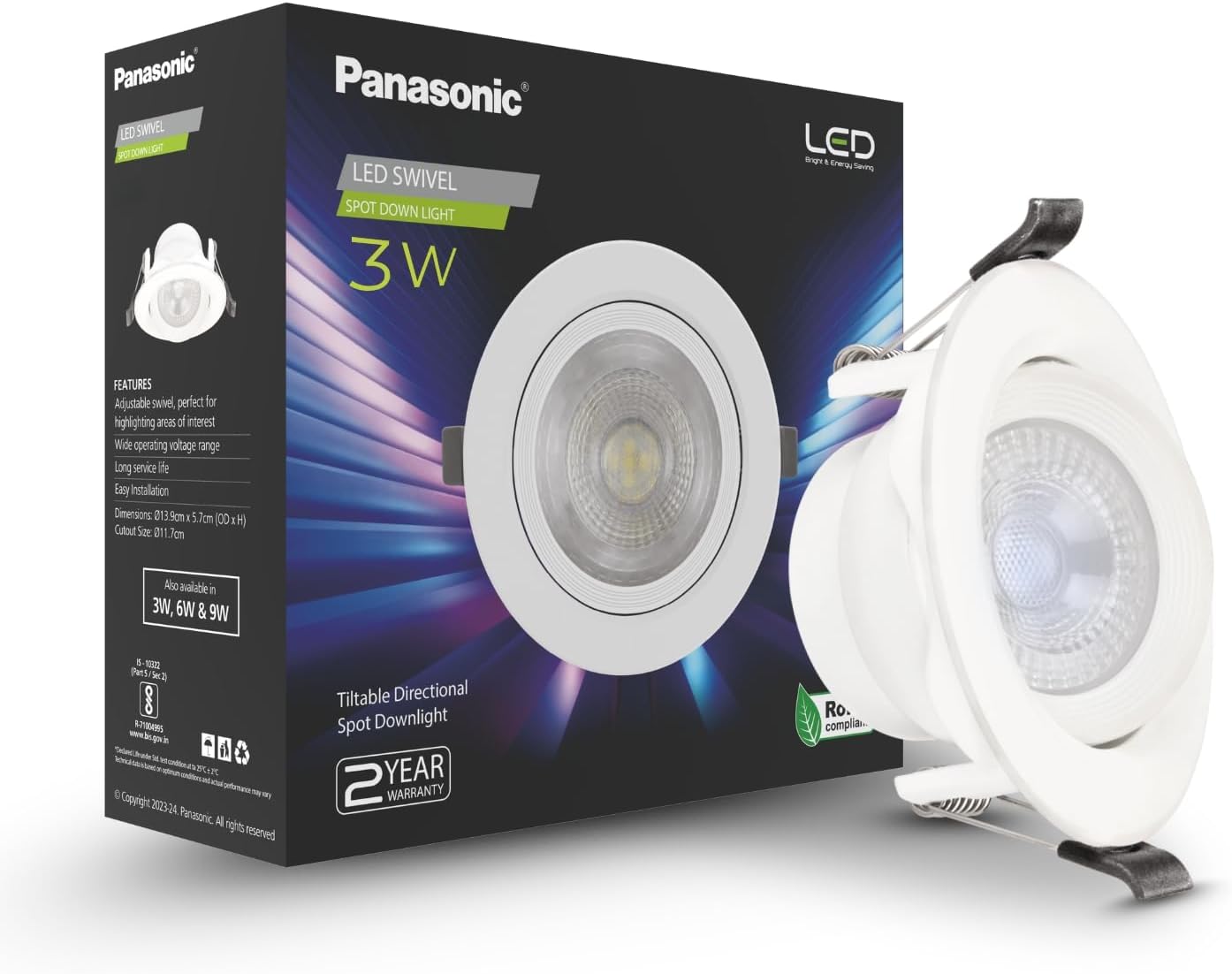 Panasonic Polycarbonate 3 Watt Round Swivel Downlight, 3W Swivel Ceiling Light, Swivel Conceal Surface Light for Home, 6500k Cool White Swivel Downlight