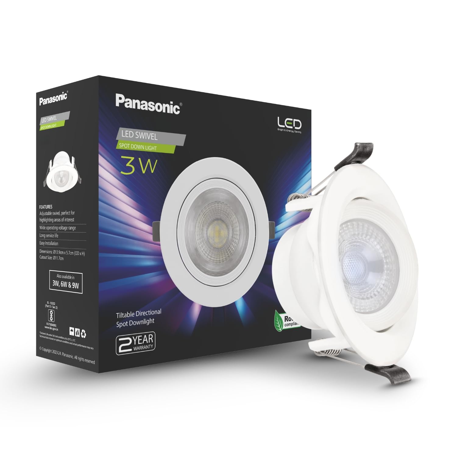 Panasonic Polycarbonate 3 Watt Round Swivel Downlight, 3W Swivel Ceiling Light, Swivel Conceal Surface Light for Home, 6500k Cool White Swivel Downlight