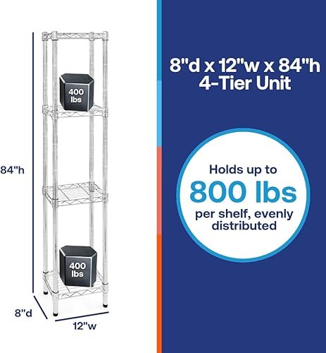 Miniatura 9 de Shelving Inc. Estantería de alambre cromado de 8 pulgadas de profundidad x 12 pulgadas de ancho x 72 pulgadas de alto con estantes de 4 niveles,