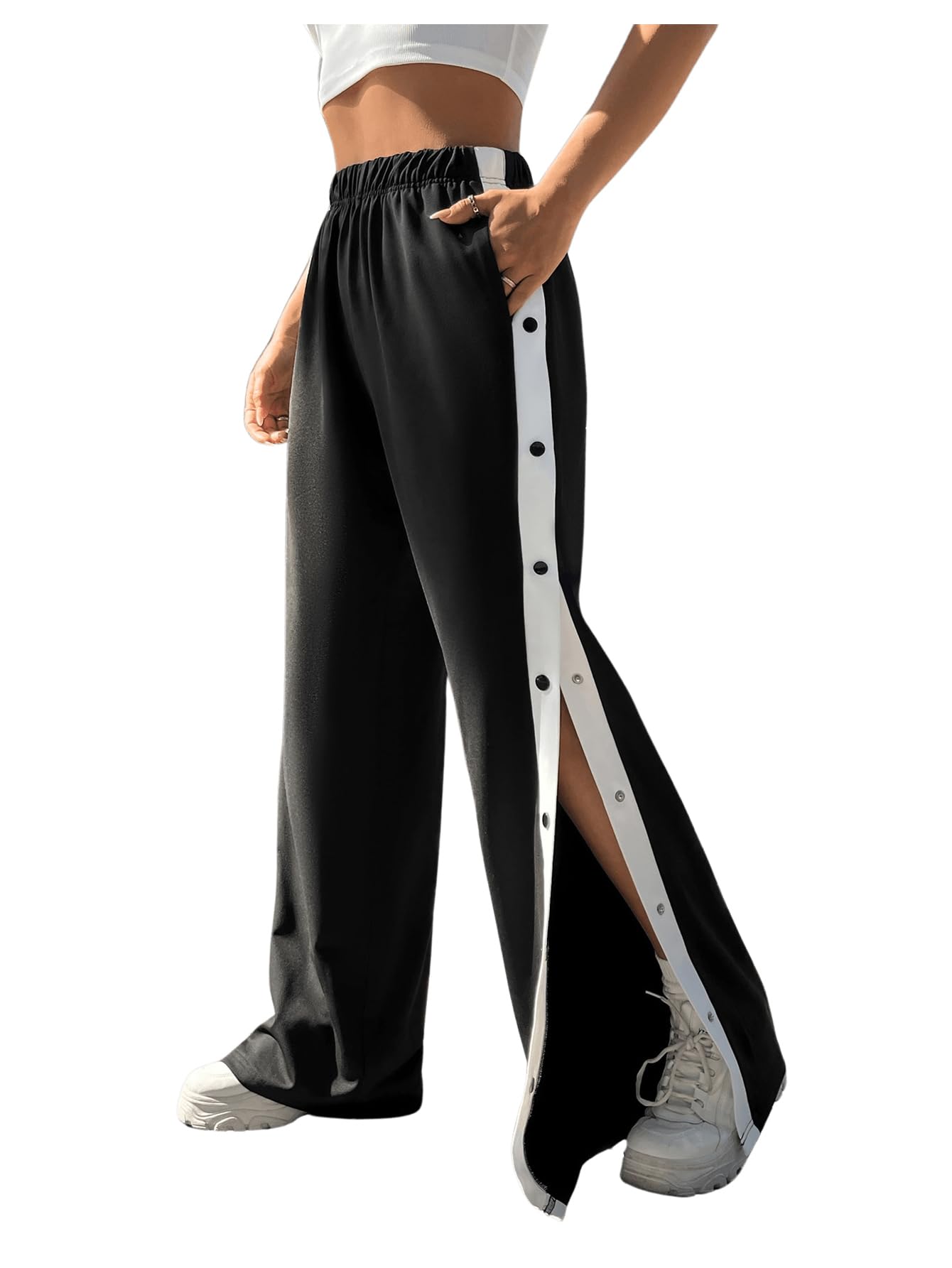 GORGLITTER Womens Tear Away Wide Leg Pants Elastic Waist Baggy Sweatpants Side Snap Pull On Track Pants with
