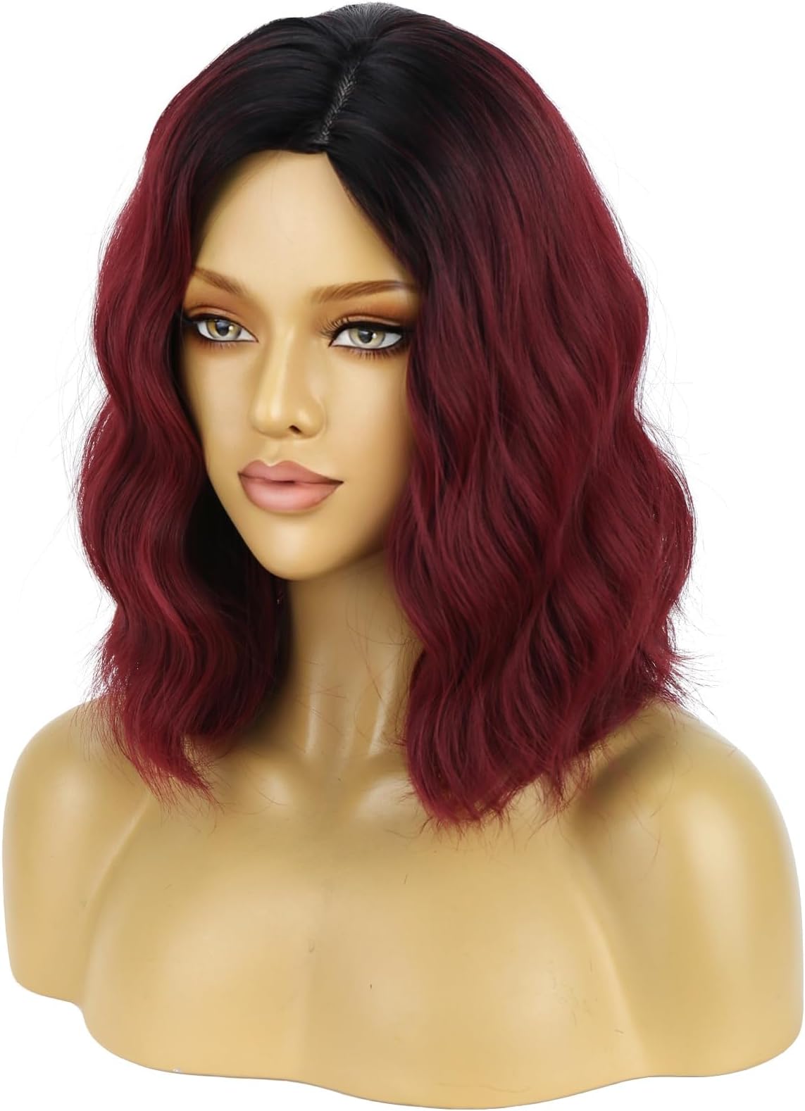 BERON 14 Inches Women Burgundy Ombre Wigs Girls Short Curly Bob Wavy Wig Wine Red Body Heat Resistant Synthetic Cosplay Daily Wigs