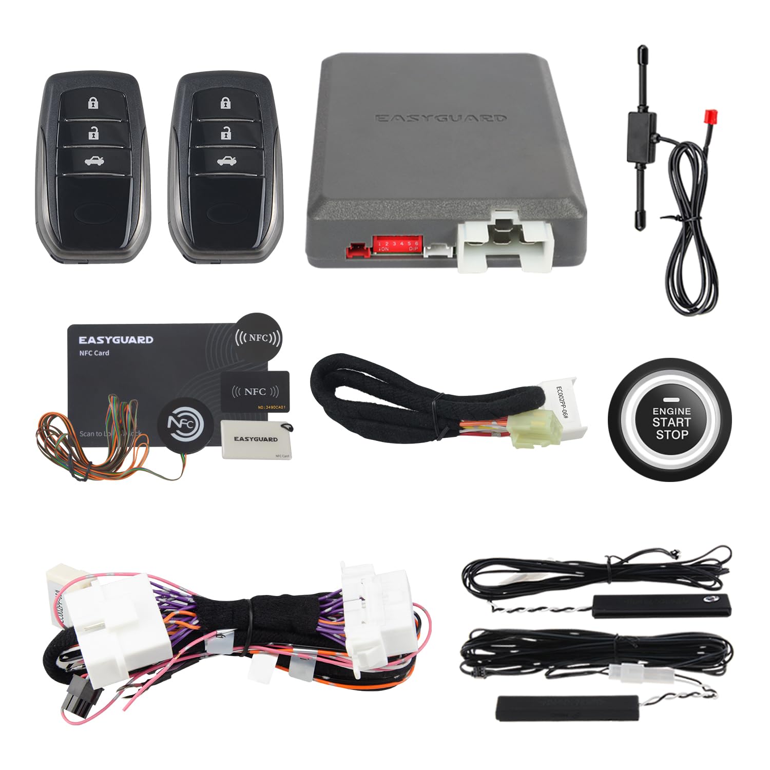 Finger pressing an illuminated engine start stop button in a car