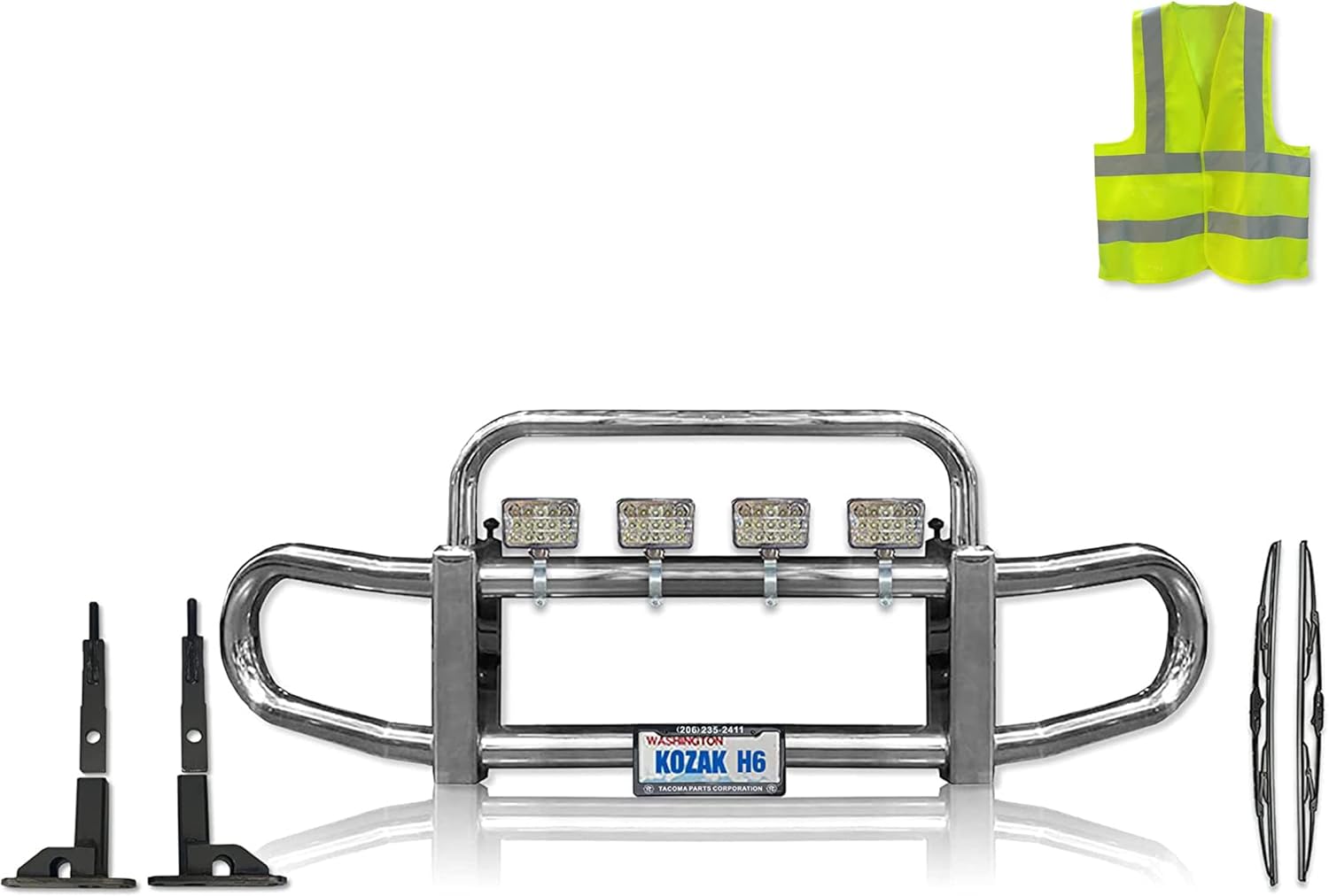 Compatible with Peterbilt 579 Truck Grille Deer Moose Brush Bumper Guard HERD 200 2012-2021 brackets included with 4x 6inch 60 LED light and 2x 22 inch Wiper blades and KOZAK Reflective Vest