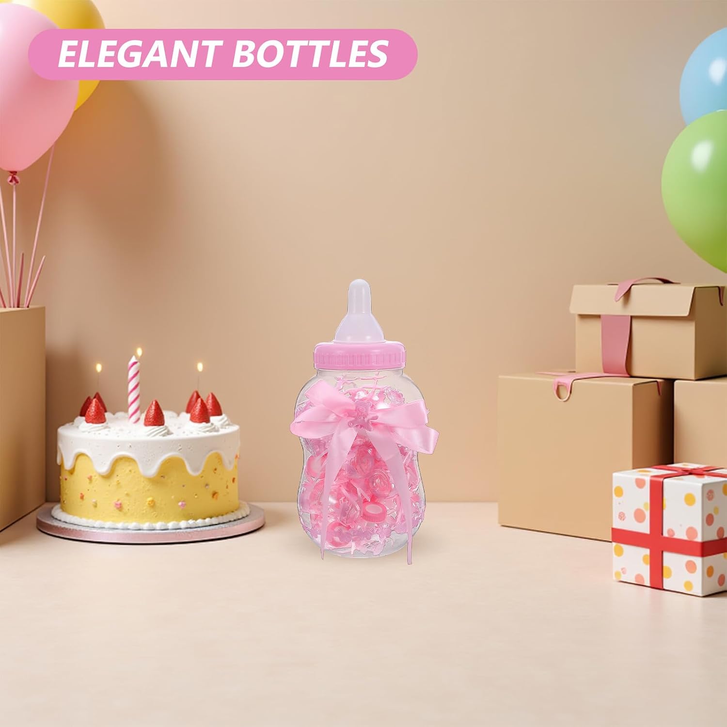 Bottle Candy Containers Set with 30 Mini Plastic Bottles, Pink Party Favor Boxes for Shower Treats and Candy Storage