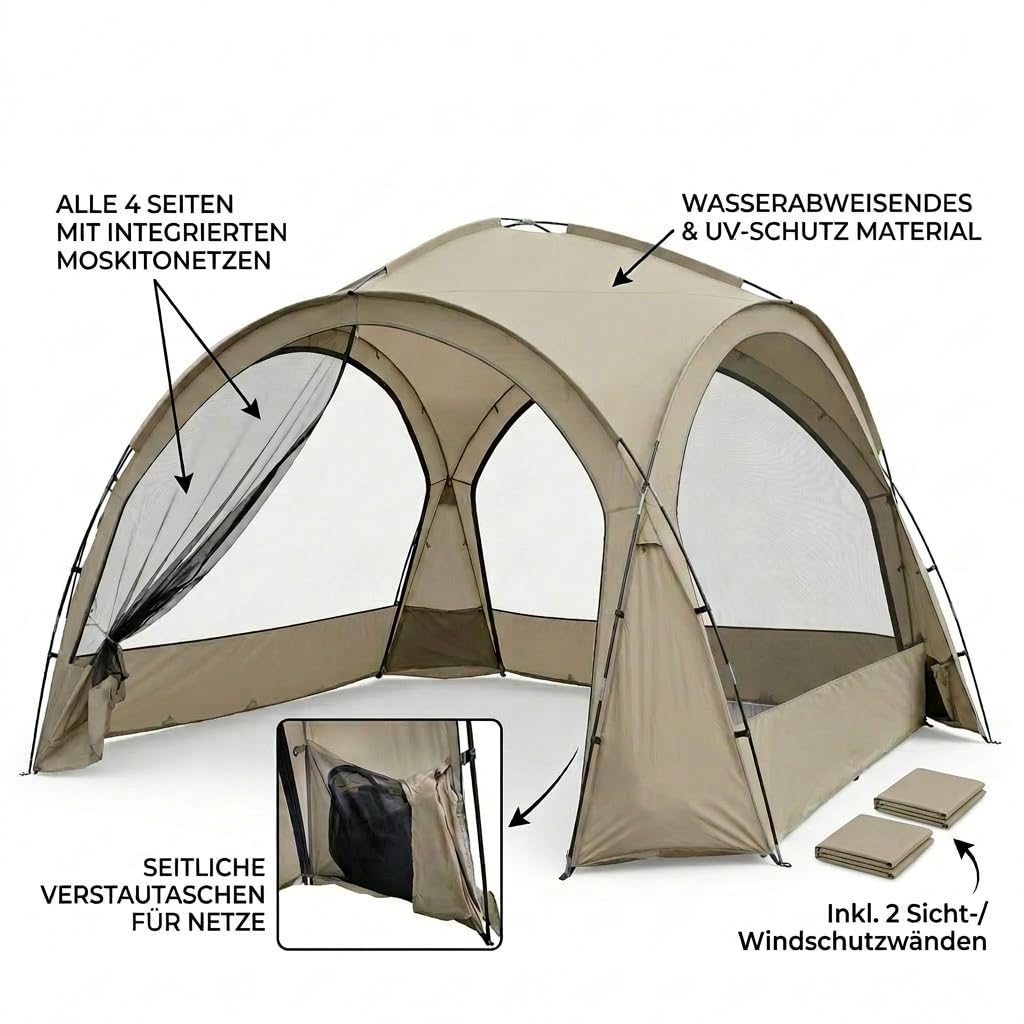 Pavillon 3,5 x 3,5 m mit Seitenwänden & Insektenschutz – wasserdichter Event Shelter, leichtes Camping Zelt mit Fiberglasgestänge, Festival Pavillon, Garten Pavillion für Outdoor & Party