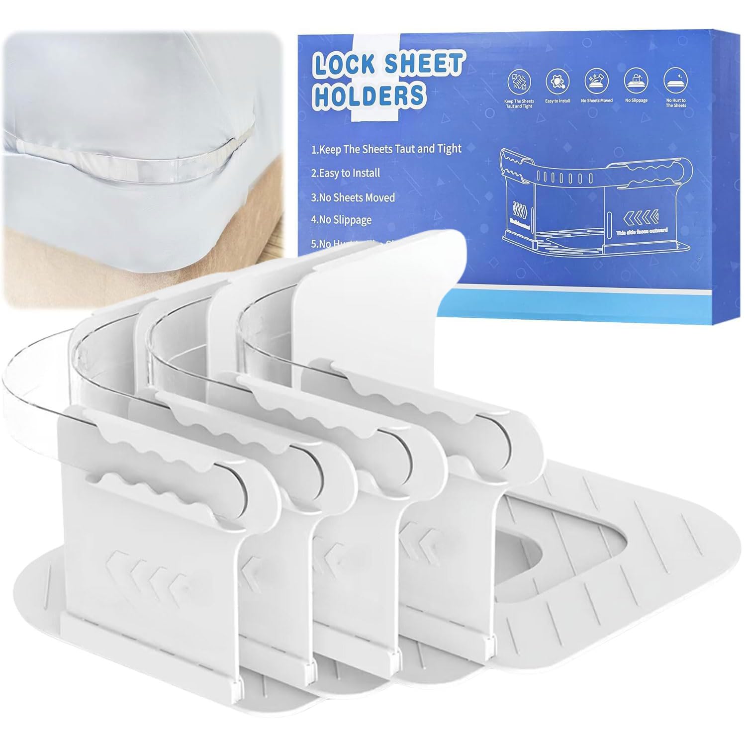 FamFrieuly Bed Sheet Holder with Lock Strip, Universal Fit for All Mattress Sizes, Keep Sheets Firm & Tight, Easy Installation, Improve Sleep Quality