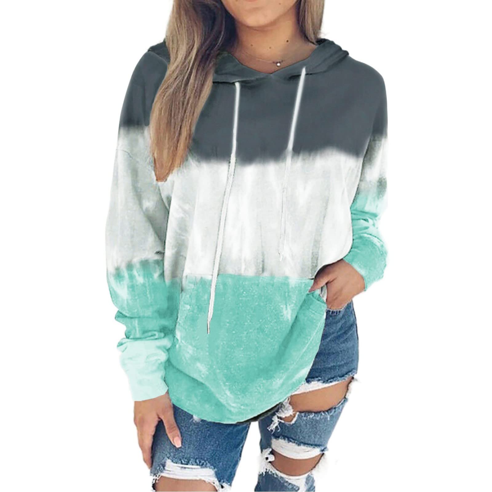 Women's Pullover Top Printed Long Sleeve Drawstring Pullover Sweatshirts with Pocket Oversized Hoodies